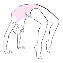 Woman doing stretching exercises one line drawing on white isolated background. Girl in a pink swimsuit. Vector illustration