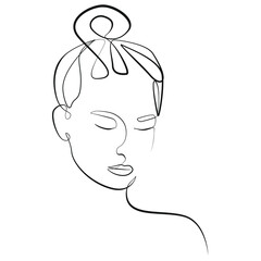 Close-up of a woman's head line art on white isolated background, with her hair pulled up and her eyes closed. Vector illustration