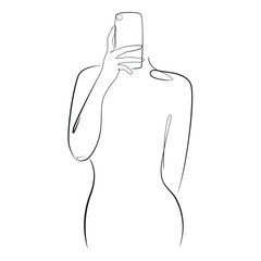Woman takes a selfie, takes pictures on the phone one line art on white isolated background. Vector illustration