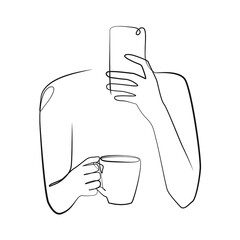 Woman makes a selfie one line drawing on white isolated background, takes pictures on the phone while holding a mug with coffee in her other hand. Vector illustration