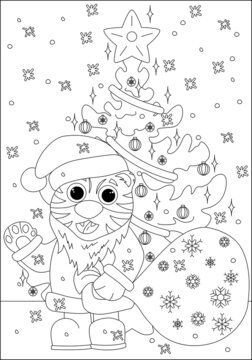 Coloring book for children. Cute tiger in a Santa Claus costume with a bag of gifts near the Christmas tree. Flat vector illustration for children's books and magazines