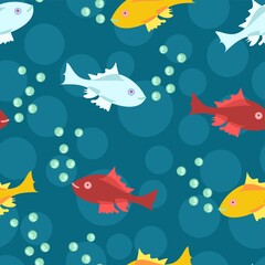 Obraz na płótnie Canvas Bubbly Translucent Fish Vector Seamless Repeat Pattern In Blue, Gold, Red And Silver