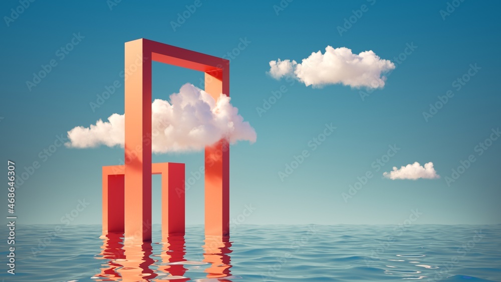 Canvas Prints 3d render, surreal seascape with white clouds going into the red square portals. modern minimal abst