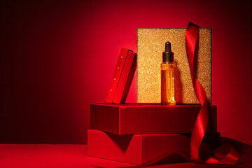 Gold cosmetics on red podium with gift boxes and decor