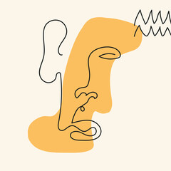 Face with abstract shape, lines, zigzag in line art style are isolated. Contemporary hand drawn vector illustrations with continuous line face in minimalistic elegant concept. Design for postcard