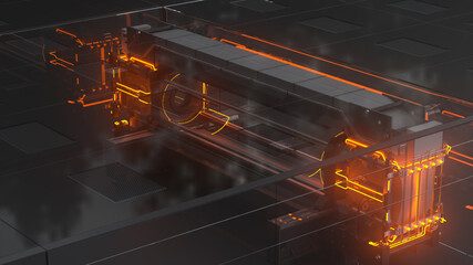 Industrial installation in neon light. The concept of automation, machines, robotics, industrial revolution and artificial intelligence. Futuristic hud background. 3d render