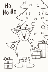 Happy new year greeting card 2022 with cute deer and christmas tree. Animal holidays cartoon character. Text Ho Ho Ho. Vector illustration EPS
