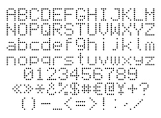 Collection of letters, numbers and punctuation marks in an asterisk. Star alphabet.