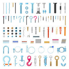 Vector collection of detailed fasteners and screws. Details for repair and construction isolated on a white background. - obrazy, fototapety, plakaty