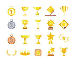 Vector set of cups and medals. Objects for awarding prizewinners of contests and competitions.