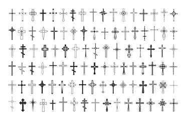Collection of monochrome crosses in a linear style. - obrazy, fototapety, plakaty