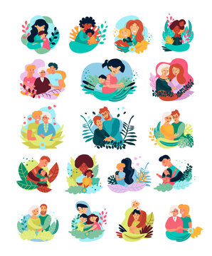 Set of illustrations with people hugging each other.