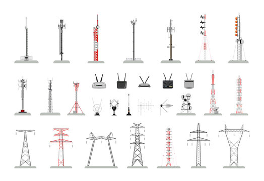 Collection of communication and internet towers. Antennas, routers and power lines in a detailed realistic style.