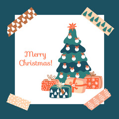 Merry Christmas! Postcard with gift boxes, spruce and washi tapes. Vector illustration. Ideal for poster or flyer design for winter Holidays.