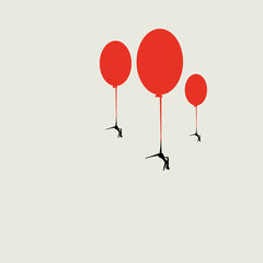 Women are flying on balloons, finding a way to solve a problem, help, business concept in a minimalist style, a symbol of opportunity, leadership. Vector