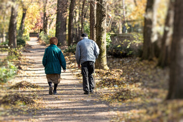 Couple of pensioners walks in park and enjoying in beatiful autumn day, concept of a retirement age