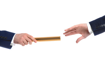 Businessman passing baton to his partner on white background, closeup