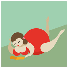 Mujer grande con ropa roja leyendo. 
Big woman in red clothes reading.