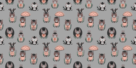 Seamless pattern with cute cartoon forest animals on a gray background Deer, hares, beavers, owls, bears, hedgehogs in pink clothes Kawaii digital paper for nursery decor, kids clothes, textile Vector