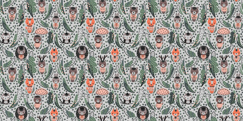 Seamless pattern with cute cartoon forest animals, fir trees, plants, leaves on a light gray background. Deer, hares, squirrels, beavers, owls, foxes, bears, hedgehogs in pink sweaters. Vector.