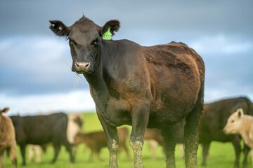 Angus, wagyu and murray grey beef bulls and cows, being grass fed on a hill in Australia.