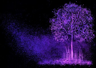 Black pink purple background with blur, gradient, splashes, brush strokes and watercolor texture. Painted landscape with a tree, flowers and herbs. Space for graphic design, text and creative ideas.