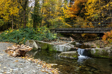 A bridge over a stream and a small waterfall in autumn colors and a rocky beach in the foreground
