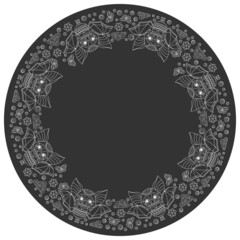 Design of an ornament for a round product with light contour bats and flowers,outline animals on a dark  background