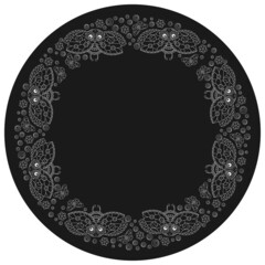 Design ornament for round product, contour flowers and ladybugs in the style of stained glass style, dark outlines on a light background