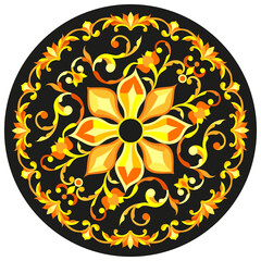 Design ornament for round product, flowers in the style of stained glass on a dark background,tone yellow