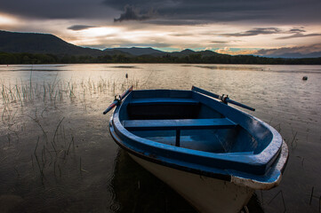 Naklejka na ściany i meble Boats on the banks of the Spanish lake of Banyoles