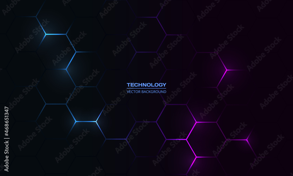 Poster Dark hexagon abstract technology background with blue and pink colored bright flashes under hexagon. Hexagonal gaming vector abstract tech background.
