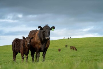 Close up of Stud Beef bulls and cows grazing on grass in a field, in Australia. eating hay and...