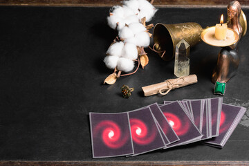 Tarot cards on the magic table background. Future reading concept.