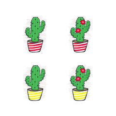 Cactus in colorful stripped flowerpots. Cacti with flowers. Regular cacti. Hygge vector collection.