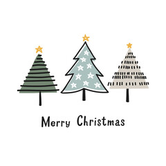 Merry Christmas greeting card. Hand drawn Christmas trees. Vector illustration.