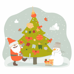 Santa Claus brought Christmas presents. Santa Claus and the snowman decorated the Christmas tree. Vector illustration in cartoon style on white background. Hand drawing. For print, web design.