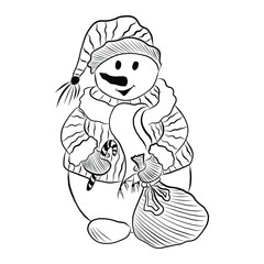 An illustration of a Christmas snowman holding a bag of gifts and smiling, with a caramel cane and a bow.