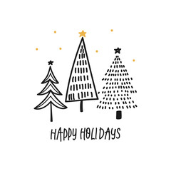Happy holidays. Merry Christmas greeting card. Hand drawn Christmas trees. Vector illustration. - 468653343