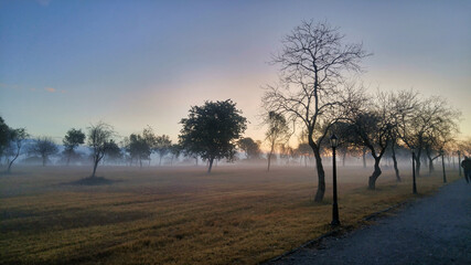 Jogging track in a park with the beautiful sky on a cold winter evening