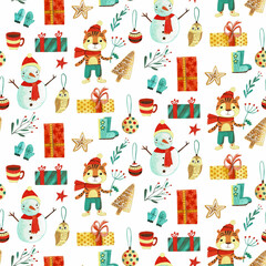 Christmas watercolor pattern with cute snowmen and gifts.