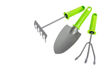 Garden shovel, rake and fork isolated on white background. Garden tools