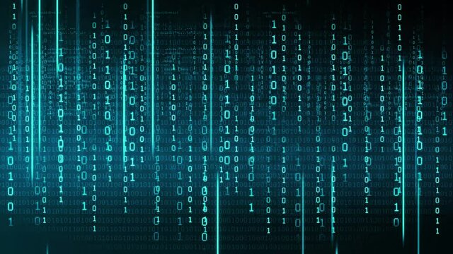 Binary code on a dark background. Abstract animated background from particles of a computer program. Hacker attacks and cyber security concept.