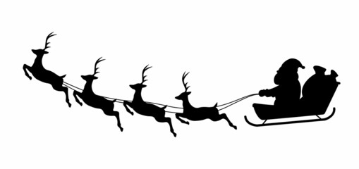 Santa Claus flying with deer silhouette isolated on white background. Christmas concept. Christmas reindeers. Vector stock