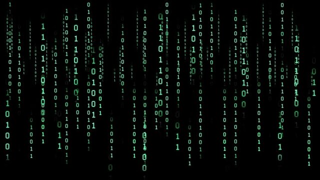 Binary code on a dark background. Abstract animated background from particles of a computer program. Hacker attacks and cyber security concept.