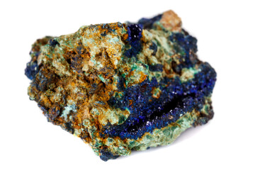 Macro mineral stone Malachite and Azurite against white background