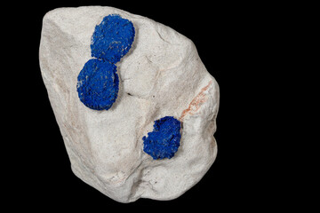 Macro mineral stone Azurite in siltstone against black background