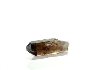 Macro mineral stone smoky quartz, rauchtopaz on a white background