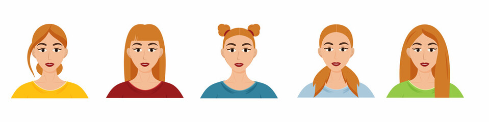 Different types of women's hairstyles. Set of beautiful young girls with different hairstyles. Vector cartoon style