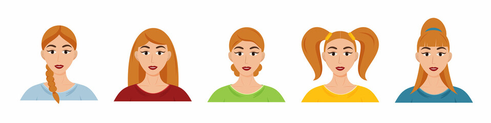 Different types of women's hairstyles. Set of beautiful young girls with different hairstyles. Vector cartoon style